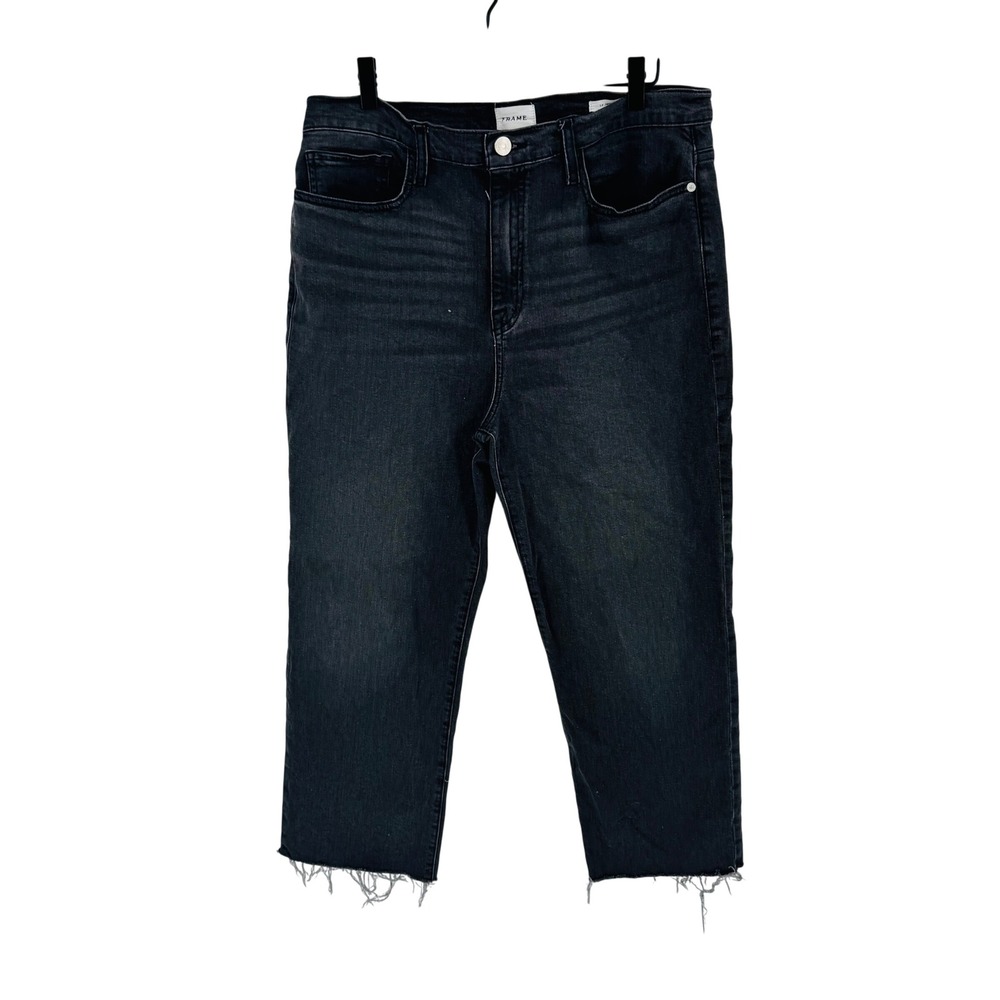 FRAME Straight Leg Jeans Obsidian Black 31 High Rise Raw Hem Edgy Streetwear